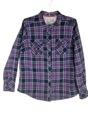Purple Jacket BC Clothing Flannel Plaid Womens Pearl Snap Large Long Sleeve